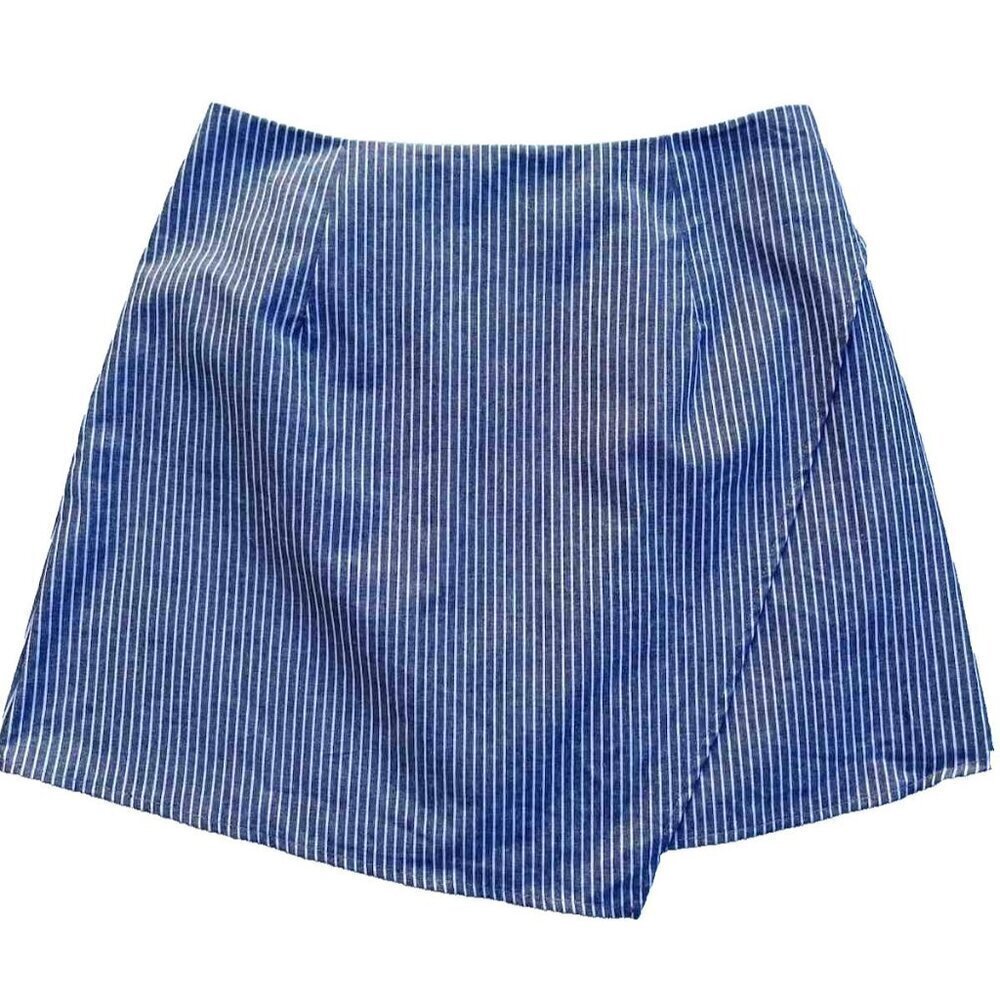 Nasty Gal Primi Women's Blue Cotton Striped Wrap Mini Skirt Size M NWOT - Picture 12 of 16